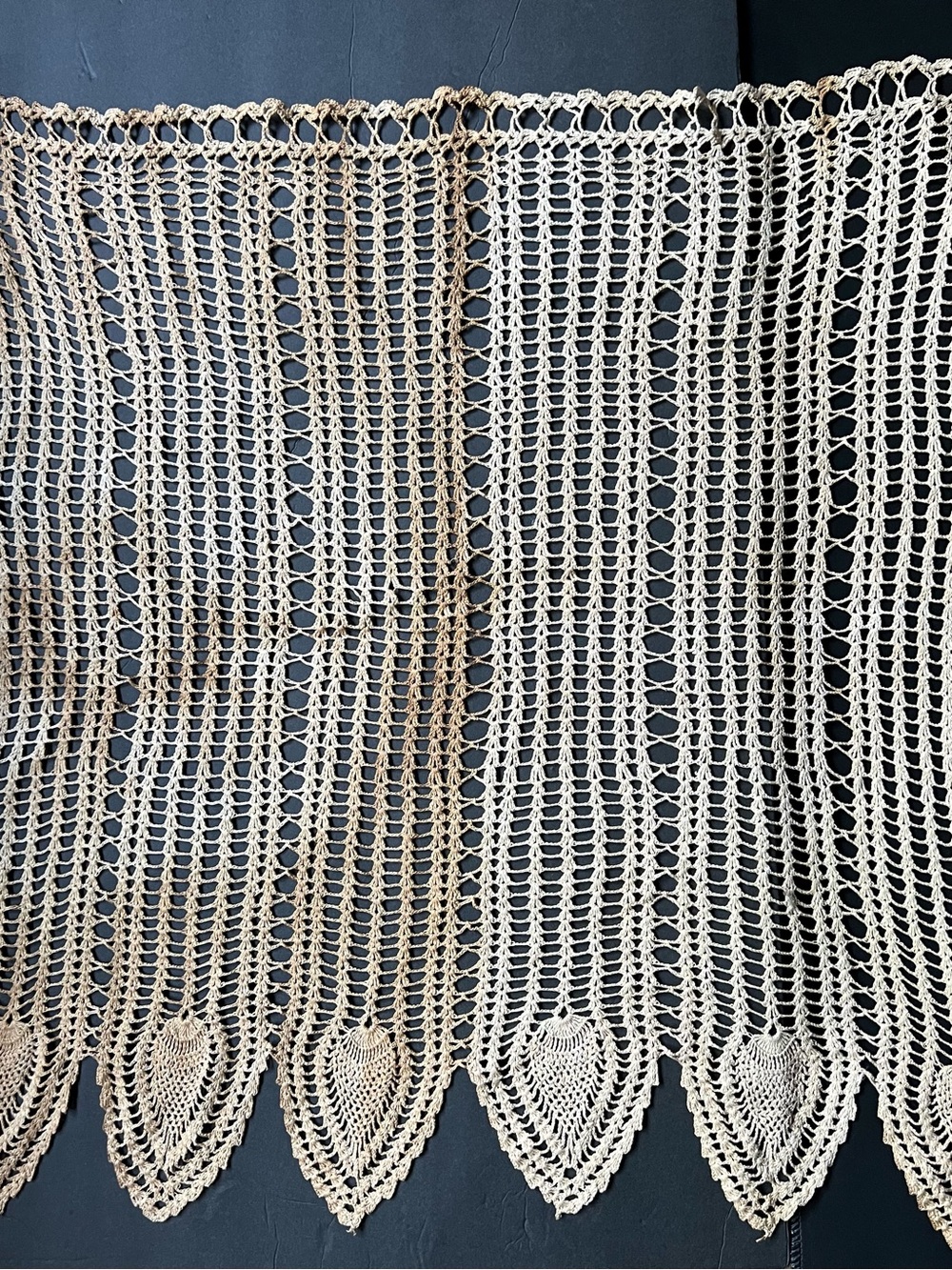 Vintage Tea stained Handmade Crochet Curtain Panel in Natural Cream